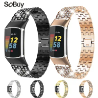 Suitable for Fitbit charge 6/5 stainless steel bracelet, charge 3/4 watch with diamond inlaid metal chain wristband