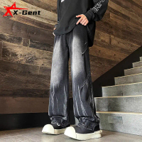 X-Gent celana gombrong jeans abu hitam pria/wanita unisex kulot jumbo baggy denim selvedge loose pan