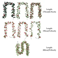 Red Berry Christmas Garland Decoration Artificial Holly Leaves Berries Vine Ivy Xmas Tree Wreath Stairs Hanging Ornaments Gift