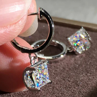 Custom Solid 10K White Gold Women Drop Clip Hoop Earrings Moissanite Diamonds Princess Square Wedding Engagement Anniversary