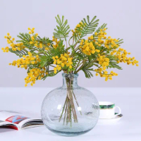 6Pcs Artificial Acacia Yellow Mimosa Plush Pudica Spray Cherry Silk Fake Flower For Wedding Home Decoration Red Bean Plant