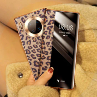 Luxury Flip Leopard Pattern Leather Phone Cover For Huawei Mate 30 Pro Stylish Business Women Smart View Window Metal Frame Case