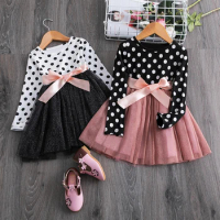 Polka Dot Tulle Kids Princess Dresses for Girls New Spring Autumn Wedding Birthday Party Vestido 3-8 Yrs Children Casual Clothes