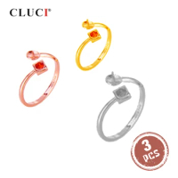 CLUCI 3pcs 925 Sterling Silver Rose Gold Ring for Women Silver 925 Pearl Ring Mounting Adjustable Red Zircon Ring SR2150SB