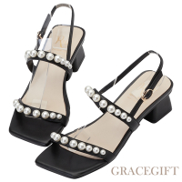 【Grace Gift】小貓聯名-珍珠糖霜真皮細帶中跟涼鞋 黑