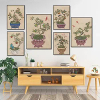 Ancient Chinese vase vintage print, vase plant flower poster, fruit tree, bird, canvas painting print Nordic style decoration