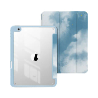 【BOJI 波吉】iPad 7/8/9 10.2吋 三折式右側筆槽硬底軟邊氣囊空壓殼 水藍彩雲