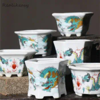 Yixing Purple Sand Flower Pot Chinese Ceramic Bonsai Pot Colored Painting Desktop Bonsai Pot Handmade Small Pot Home Deco LF274