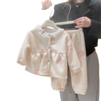 New Children's Homewear Set for Girls Cartoon Print Warm Pajamas Baby Sweet Lace Collar Cardigan Two