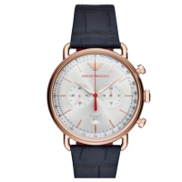 【EMPORIO ARMANI 亞曼尼】官方授權E1 男 飛行風格計時皮帶腕錶 錶徑43mm-贈高檔6入收藏盒(AR11123)