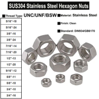 1Piece-10Pcs 5/16'' 3/8'' 7/16'' 1/2'' 9/16'' 5/8'' 3/4'' UNC/UNF/BSW Thread SUS304 Stainless Steel Hexagon Nuts DIN934 GB6170