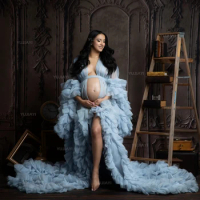 Pregnancy Women Gown Maternity Dress Ruffles Tiered Puffy Tulle Robe Fluffy Long Dress Baby Shower Bridal Sleepwear Photoshoot