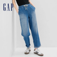 【GAP】女裝 抽繩鬆緊直筒牛仔褲-中度靛藍(660034)