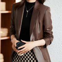 Yitimuceng Solid Leather Blazer for Women 2023 Fall Winter New Vintage Turn Down Collar Jackes Office Ladies Casual Chic Coats