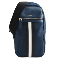 【BALLY】TERREL 經典黑白黑條紋帆布拼接單肩胸口包後背包(藍)
