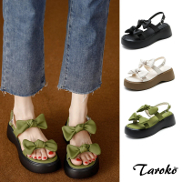 【Taroko】蔚藍夏日蝴蝶結一字扣帶圓頭厚底涼鞋(3色可選)