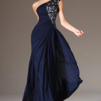 Crystal Beaded Evening Gowns,One Shoulder Mermaid Navy Blue Chiffon Evening Dresses