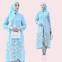 Setelan Tunik Model Kancing Seribu Bahan Brukat Premium Lengan Panjang Warna Baby Blue Wanita Muslim
