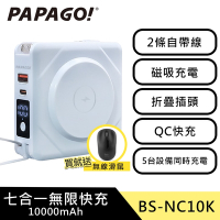 【PAPAGO】七合一 多功能 行動電源 (冰雪白色) 加贈無線滑鼠 (BS-NC10K)  自帶線 QC快充/ 磁吸無線充電