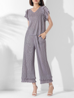 40700 One Size (45-75kg) Summer Suit WomenS Ruffle V-Neck Pullover Top Stretchy Straight-Leg Pants T