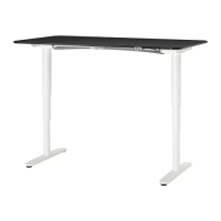 BEKANT 電動升降桌, 工作桌, 黑色/實木貼皮 梣木/白色