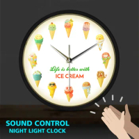 Life is better with ICE CREAM Cartoon Metal Frame LED Wall Clock Sound Activated Sweet Dessert Shop Wall Art Decor Wall Watch