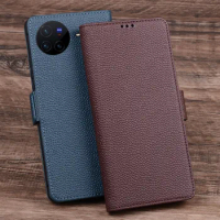 Luxury Lich Genuine Leather Flip Phone Cases For Vivo X80 X70 Pro + Plus Real Cowhide Leather Shell Full Cover Pocket Bag Case