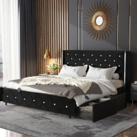Queen Size Bed Frame with 4 Storage Drawers, Heavy Duty Wooden Slats Support, Velvet Tufted Diamond Platform Bed Frame
