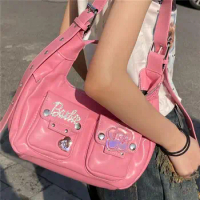 Barbie Girls Y2K Pink Biker Bag Crossbody Medieval Bag Cool Girls Sweet Spicy Women's Zipper Shoulder Bag Ladies Casual Shopper