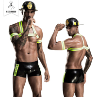 SENMHS Black &amp; Green Fireman Costume Sexy Men Halloween Outfit Carnival Games Cosplay Nightclub Hot Underwear Set