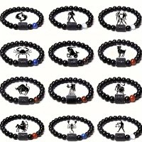 Amazon European and American Zodiac Bracelet Couple Beaded Elastic Cord Bracelet Wholesale Black Luc