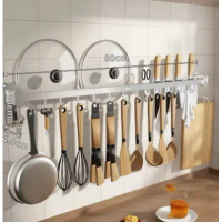 廚房用品多功能置物掛架(銀色80cm14鈎可放鍋蓋)(尺寸:80*10*4.5CM)