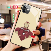 Iron Man Luminous Tempered Glass phone case For Apple iphone 12 11 Pro Max XS mini Acoustic Control Protect LED Backlight cover