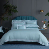 【WEDGWOOD】400織長纖棉璀璨流光蕾絲 被枕被套組-薄荷藍(雙人)