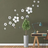 18Pcs 3D Acrylic Flower Mirror Wall Stickers Self Adhesive Tiles Sticker Decals For Home Bedroom Living Room Decor