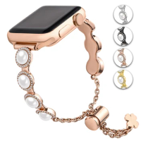Pearl for Apple Watch Band Bling Diamond 38/40/41/42/44/45/49mm Strap for Apple Watch Ultra 2 SE Series 9 8 7 6 5 4 Bracelet