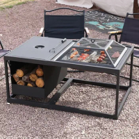 Outdoor Fire Pits Fire Firewood Heater Rectangular Detachable Stove Barbecue Table with Covered Brazier Courtyard Grill Stand H