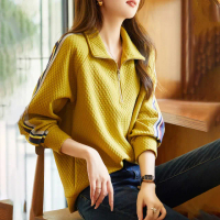 【初色】翻領方格肌理感設計條紋長袖POLO衫T恤上衣女上衣-黃色-30481(M-2XL可選)