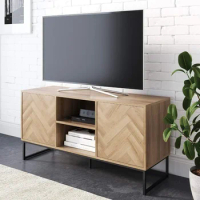 Media Console Cabinet or TV Stand With Doors for Hidden Storage in a Natural Reclaimed Herringbone Wood Pattern and Metal Modern