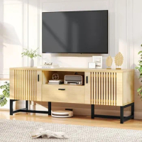 2 Cupboards Tv Wall Cabinet Iron Frame Entertainment Center Farmhouse TV Console With Slatted Door Television Stands Stand Shelf