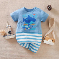 Summer Boys And Girls Cute Cartoon Shark Print Casual Comfortable Short Sleeve Baby Bodysuit