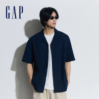 【GAP】男裝 純棉翻領短袖襯衫-海軍藍(891053)