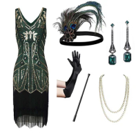 1920s Flapper Vintage Sequin Tassel Nail Bead Tassel dress Great Gatsby Charleston PartyDinner Dress Plus Accessories Set