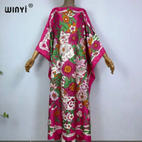 WINYI 2023 Summer kuwait fashion abaya boho Popular printed Silk Kaftan Maxi dress Beach Bohemian kaftan long dress for lady