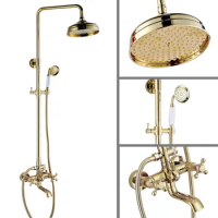 Shower Faucets Gold Brass Bathroom Shower Mixer Tap Faucet Set Rain Shower Head Round Wall Mounted Bathtub Faucet agf391