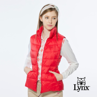 【Lynx Golf】女款防風潑水保暖羽絨造型三色織帶拉頭無袖背心-紅色