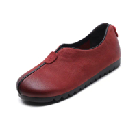 【Vecchio】真皮樂福鞋 牛皮樂福鞋/全真皮頭層牛皮黑色滾邊復古休閒樂福鞋 奶奶鞋(紅)