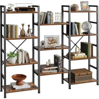 Triple 4 Tier Bookshelf, Bookcase with 11 Open Display Shelves, Wide Book Shelf Book Case for Home &amp; Office, Rustic Brown
