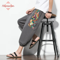 Summer Men's Cotton Linen Samurai Clothing Patchwork Print Retro Harem Pants Loose Shorts Harajuku Hip Hop Pants