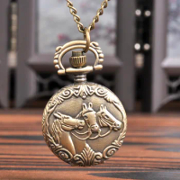 6022Classic vintage carved pocket watch small three horse head pocket watch